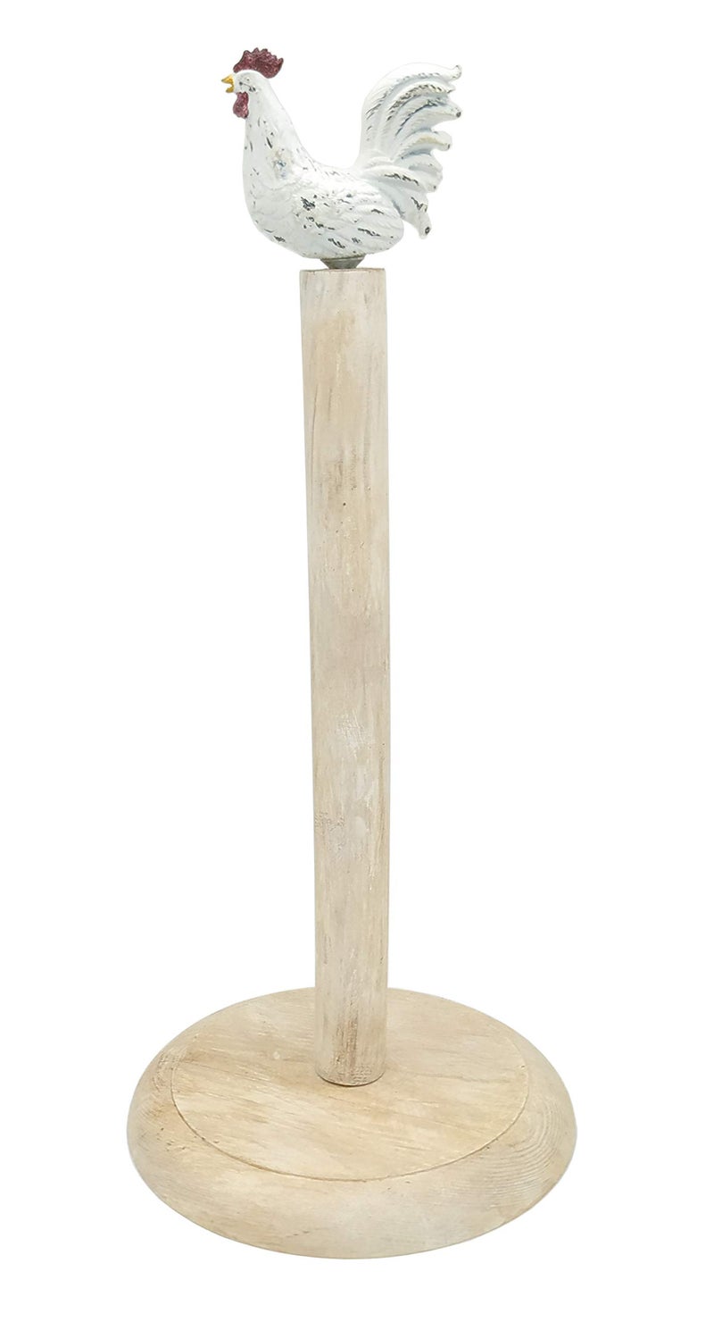 Owlgift Rooster Design Wood Shabby Whitewashed Paper Towel Holder Stand Up Paper Towel Holder, Easy One-Handed Tear Kitchen Paper Towel Dispenser with Weighted Base for Standard Paper Towel Rolls - Image 2